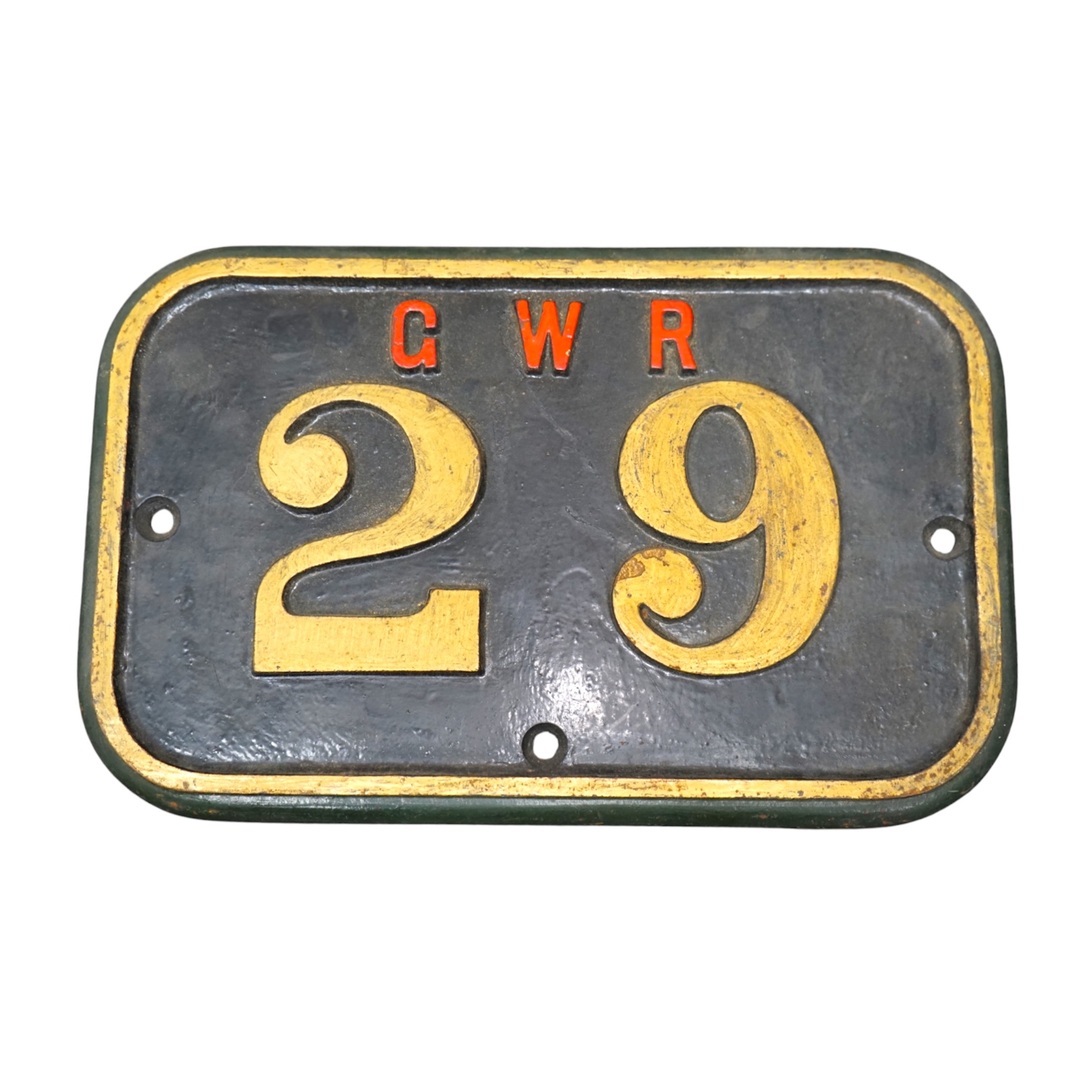 A cast iron GWR locomotive cab side number plate for an 0-6-0ST locomotive, 29, later converted to a pannier tank in the 1920s and used by the Hafod Colliery Railway, dimensions; 46.5cm x 29.5cm. Condition - fair to good